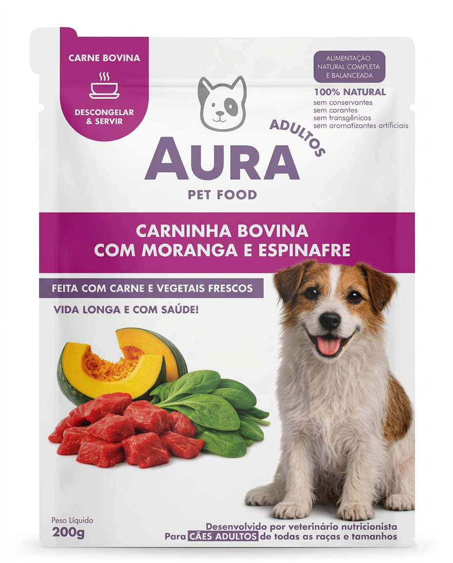 Embalagem da receita Carninha bovina com moranga e espinafre, para cães adultos, 200 g