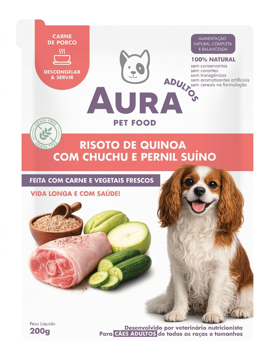 Embalagem da receita Risoto de quinoa com chuchu e pernil suíno, sem grãos, para cães adultos, 200 g