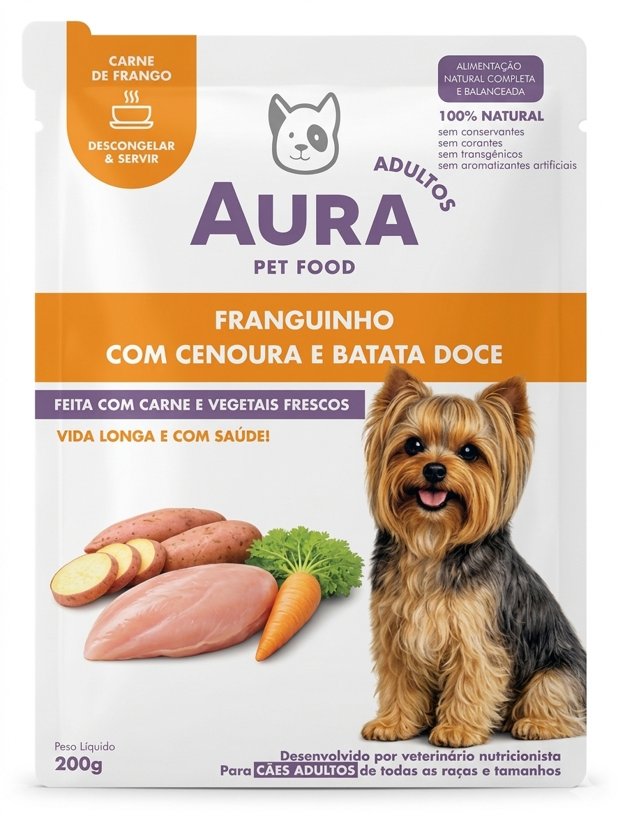 Embalagem da receita Franguinho com cenoura e batata doce, para cães adultos, 200 g