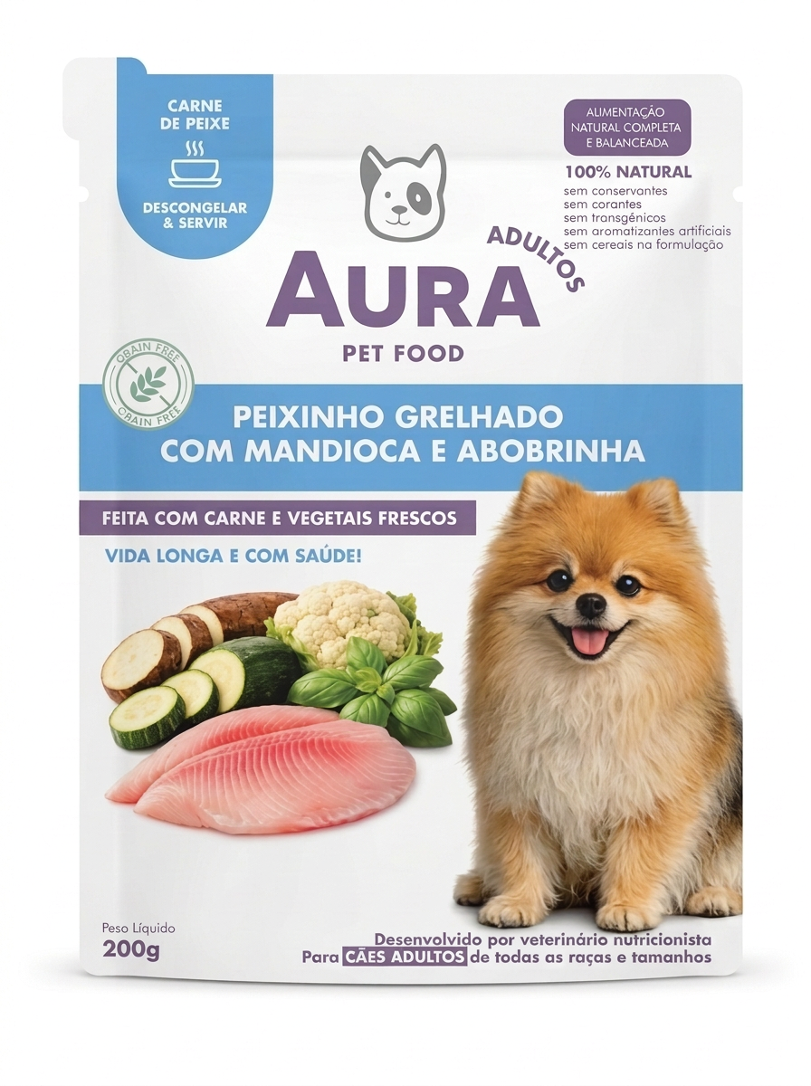 Embalagem da receita Peixinho grelhado com mandioca e abobrinha, sem grãos, para cães adultos, 200 g